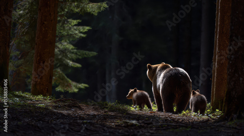 A Bear Family a Mother and Two Cubs on a Walk in the Woods