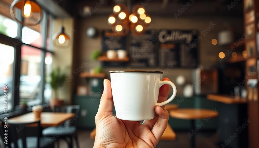 Close-up of a hand holding a blank coffee cup against a blurred cafe background, coffee, illustration Close-up of a hand holding a blank coffee cup against a blurred cafe background, coffee, illustration