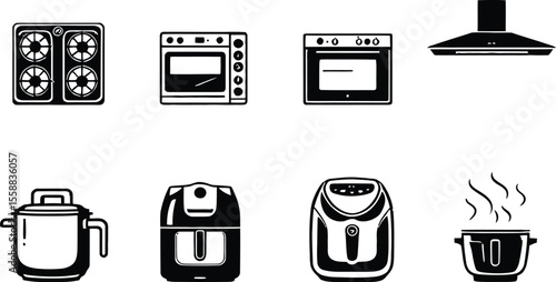 Kitchen Appliance Icon Set – 8 Black-and-White Symbols Featuring Stove, Oven, Microwave, Air Fryer, Rice Cooker, and More for Culinary and Cooking Graphics