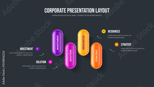 Business Development 4 Option Diagram Frame Layout. Market Showcase Four Element Infographic Slide Template. Product Campaign Presentation Design Vector Illustration.