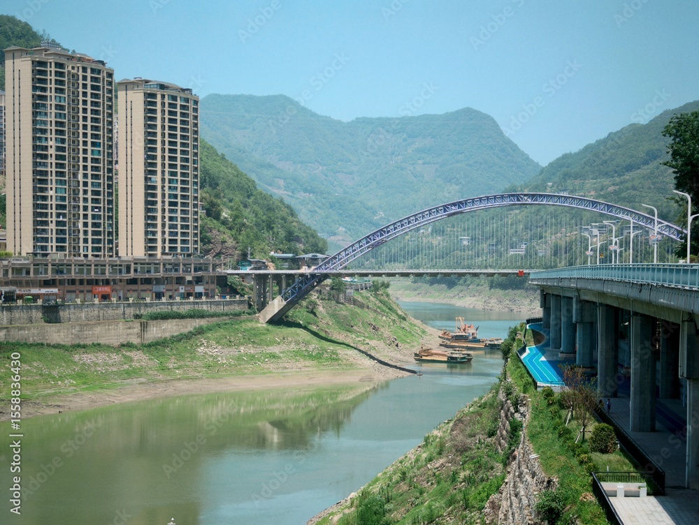 Fototapeta premium Chinese hillside village, traditional houses, Han River valley