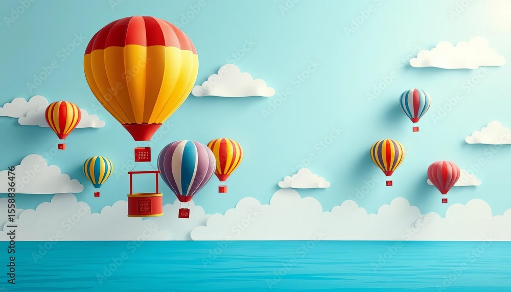 Fototapeta premium Colorful paper cut hot air balloons and clouds float over a calm blue sea under a bright sky, graphic, summer