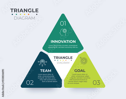 Triangle infographic 3 way chart. Diagram information label with 3 option