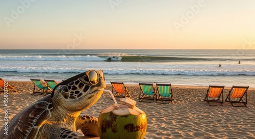Banner for a travel company with a turtle in sunglasses drinking coconut and relaxing on the beach with ocean view with a surfer on a surfboard