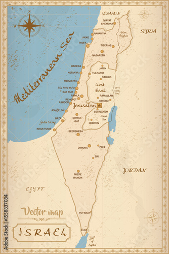 Vintage vector map of Israel on an old paper texture. Detailed retro-style illustration showing cities and borders, perfect for travel and history themes.