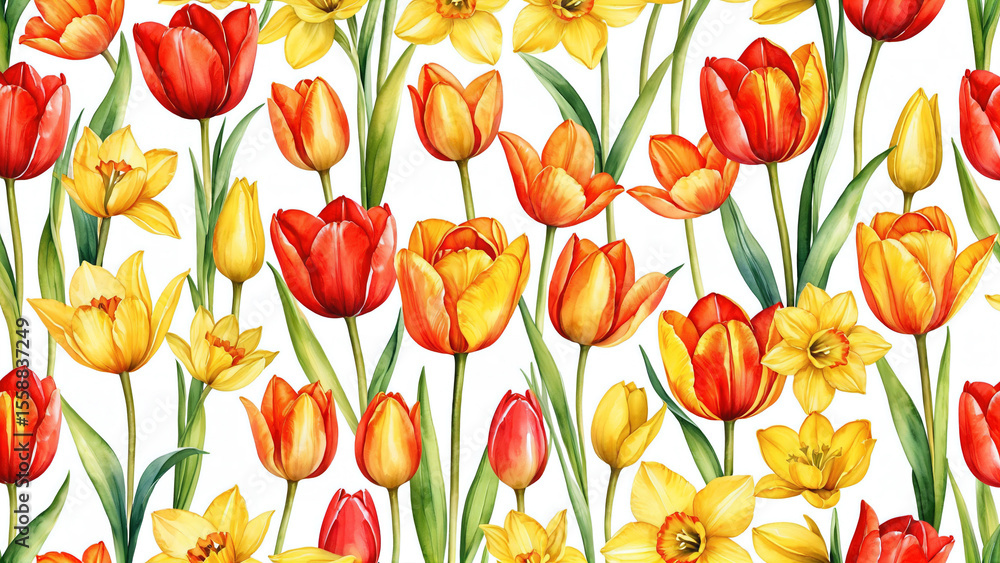 Vibrant Red and Yellow Spring Tulips and Daffodils Pattern Vibrant Red and Yellow Spring Tulips and Daffodils Pattern