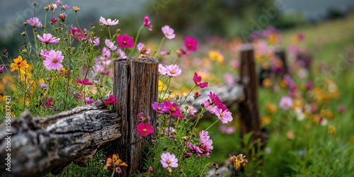Bunte Kosmeen entlang eines verwitterten Holzzauns auf blühender Sommerwiese
