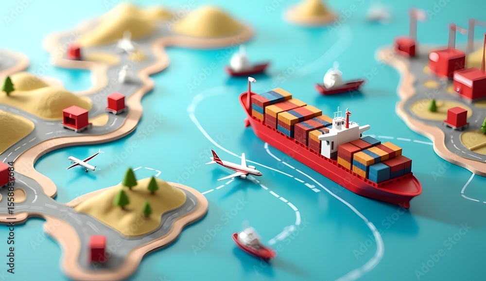 Obraz premium Miniature Logistics and Transport Scene with Cargo Ships and Airplanes
