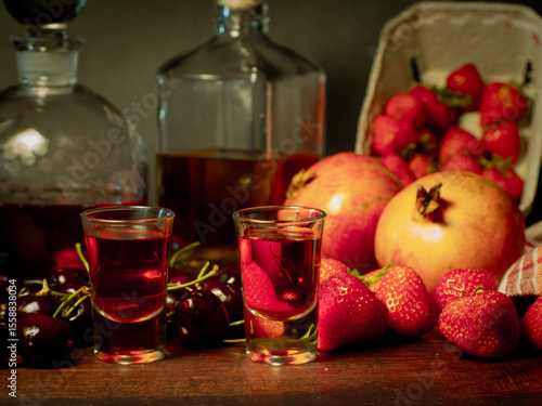 Still life with rose flowers, summer fruits, bottles of wine and a glass of wine. Pomegranate, cherry, sweet cherry, strawberry and watermelon. Alcohol. The still life is stylized as an old painting.