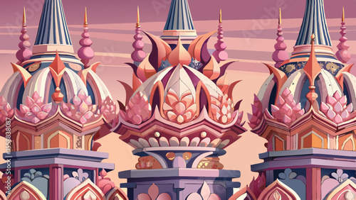 A close view of porcelain-encrusted spires, each fragment reflecting pink hues of dawn. Intricate floral motifs emerge from layers of decorated ceramics.

