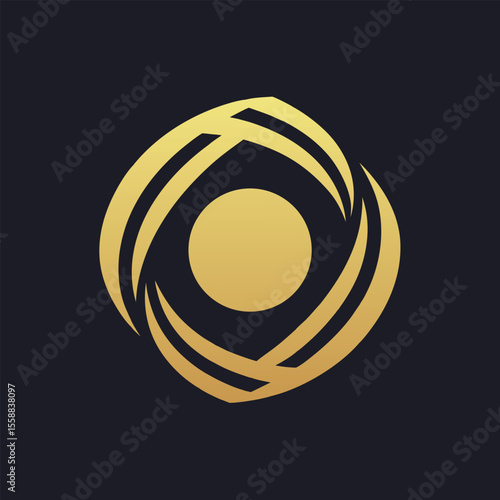 Golden swirling abstract shape with central circle on dark background vector