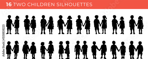 Set silhouettes of two children isolated on transparent background. Vector illustration