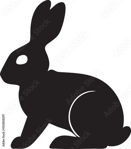 Stylized silhouette of a black rabbit with white eye on a white background