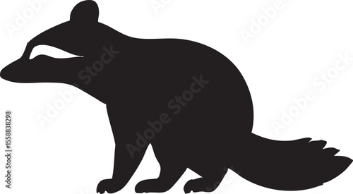 A black cartoon raccoon with white markings on its face and a bushy tail