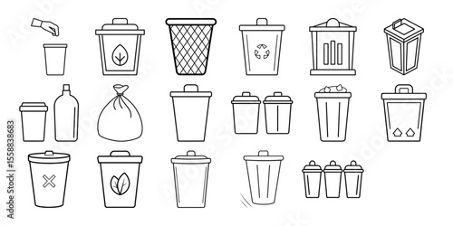 Collection of various trash cans and waste disposal icons including recycling symbols a trash bag and a hand dropping waste into a bin