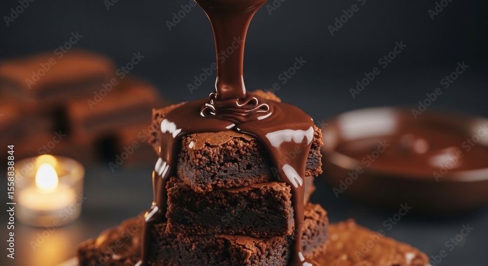Obraz premium Chocolate sauce is poured over a stack of brownies, with more brownies and a candle in the background.
