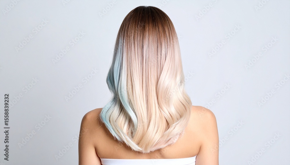 Obraz premium Back angle view of a woman with long two-tone pastel hair, soft pink blending into lavender, gentle waves, soft natural lighting, dreamy aesthetic, subtle background blur.