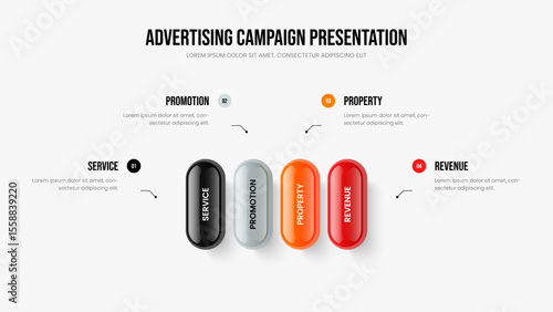 Product Visualization Four Element Diagram Slideshow Layout. Professional Planning 4 Option Infographic Presentation Design. Consulting Forecast Slide Template Vector Illustration.