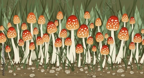 Illustration of many fly agaric mushrooms growing in a field with grass and small stones scattered around