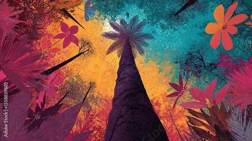 Colorful Abstract View of Towering Tree Amidst Vivid Plants