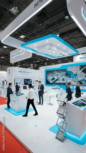 Busy Trade Show Booth Featuring Professional Interaction and Modern Design Aesthetics