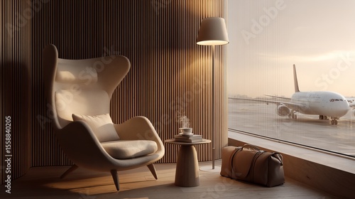 Luxury airport lounge interior, high-back lounge chair upholstered in soft beige or warm textured fabric