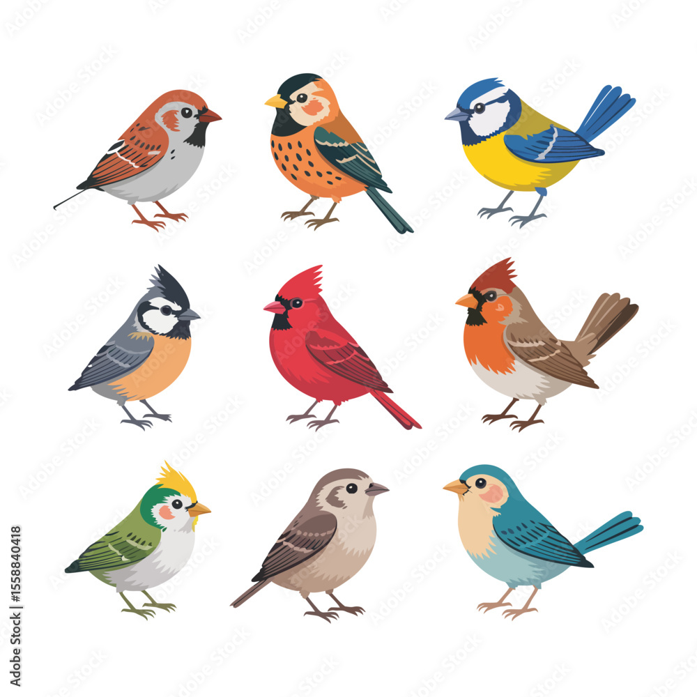 Fototapeta premium Set of vibrant birds in flat style on white background