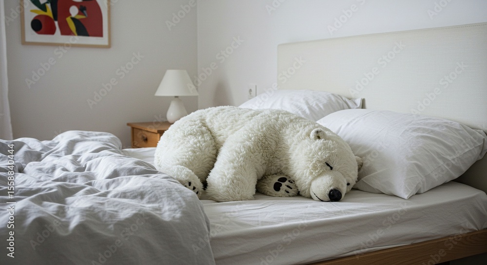 Large white bear plush toy resting on a bed. Large white bear plush toy resting on a bed.