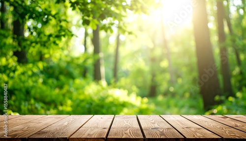 Wooden table top in a forest blurred background with natural bokeh and sunlight.