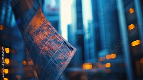 Newspaper reflection on city skyscrapers at dusk.