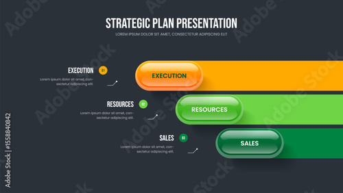 Marketing Report 3 Step Diagram Slideshow Design. Sales Performance Three Element Infographic Frame Template. Business Growth Presentation Layout Vector Illustration.