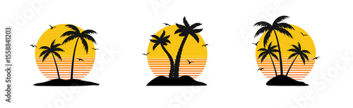 Palm logo sunset beach vector icon. Sunrise island sea tropical water sunset palm summer round icon set