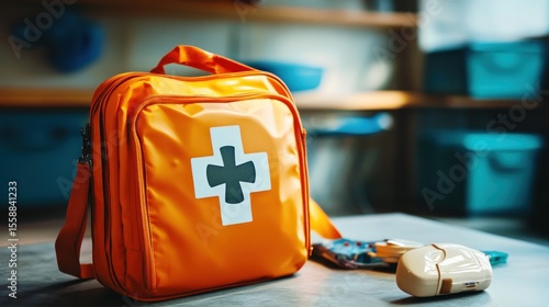 Orange first-aid kit bag with medical supplies on table.
