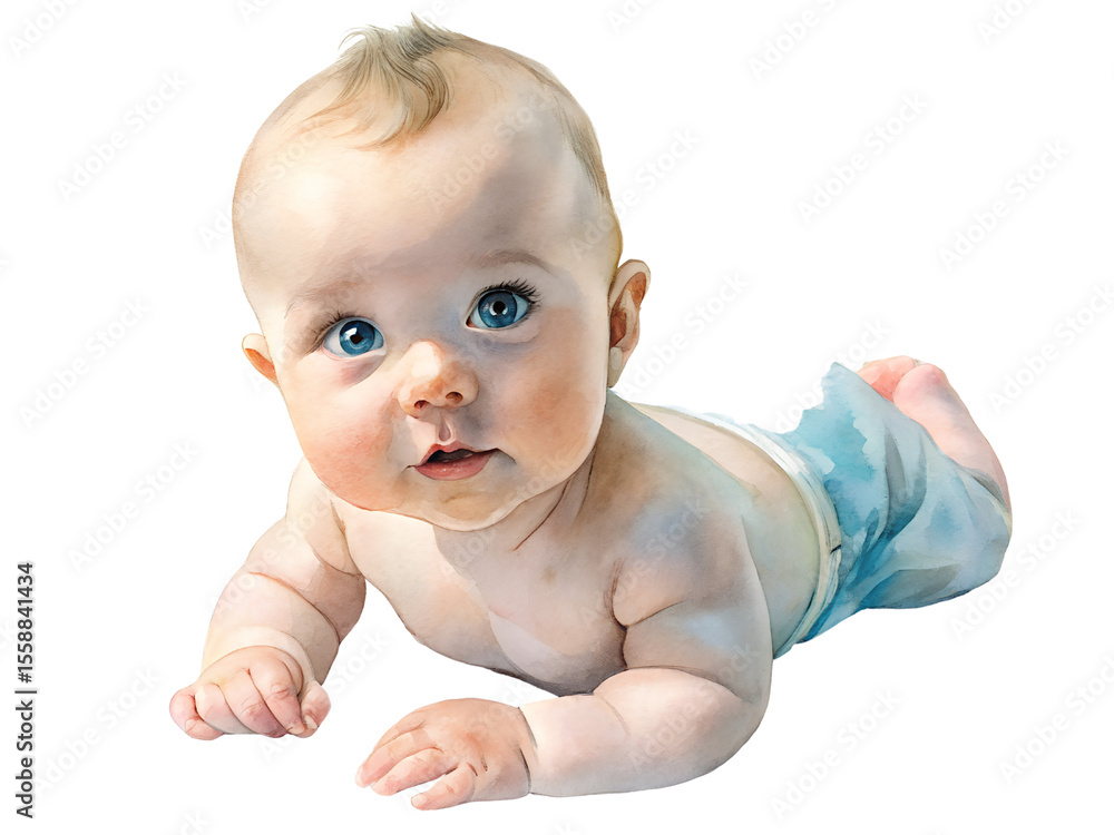 Adorable Baby Boy with Blue Eyes Lying on Stomach on Transparent Background, Watercolor Clipart Illustration With Isolated Background.. Adorable Baby Boy with Blue Eyes Lying on Stomach on Transparent Background, Watercolor Clipart Illustration With Isolated Background..