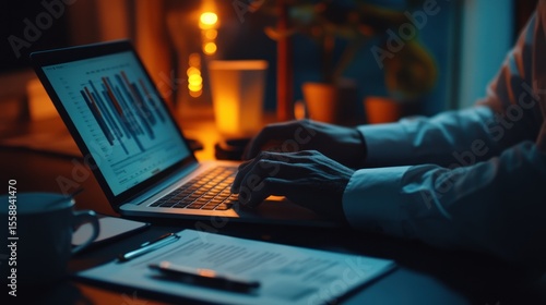 Person working late on laptop analyzing data charts at night.