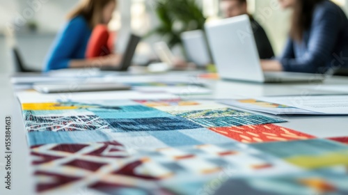 Fabric swatches on a table in a modern office with blurred background of colleagues working on laptops.