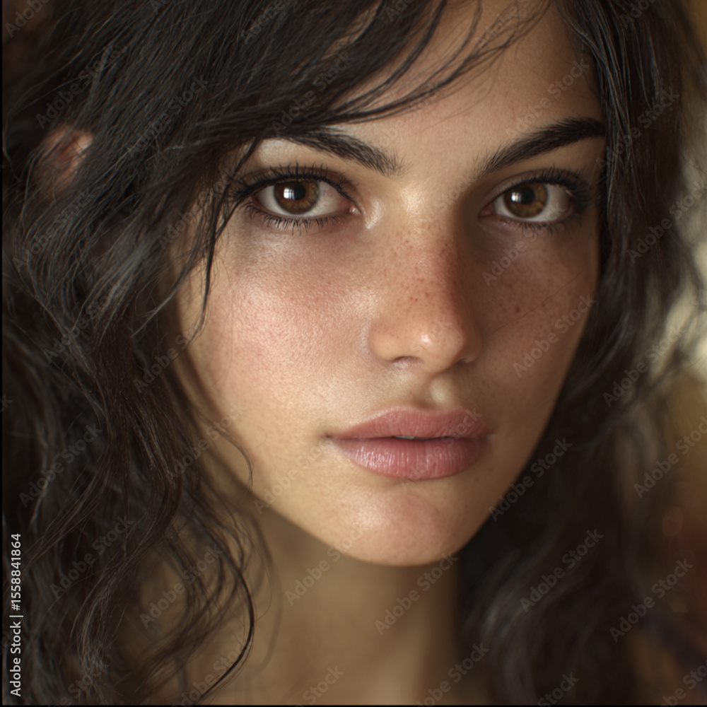 portrait of a 24-year-old Italian woman, facing the camera. Her long, wavy dark brown hair cascades naturally around her shoulders, confident expression، no makeup. Background softly blurred portrait of a 24-year-old Italian woman, facing the camera. Her long, wavy dark brown hair cascades naturally around her shoulders, confident expression، no makeup. Background softly blurred