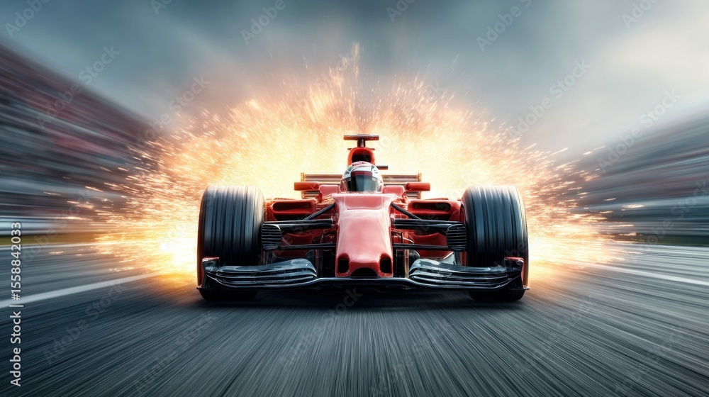 Naklejka premium A high-speed formula one race car bursts forward, capturing the essence of speed and competition with dynamic energy, bright sparks, and motion blur.