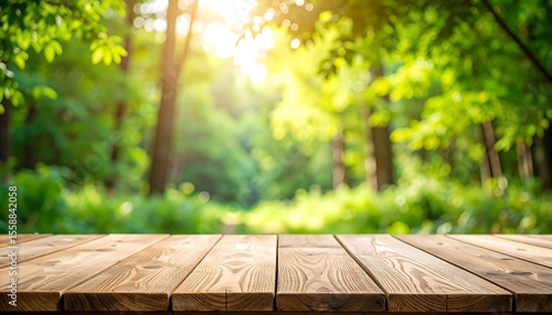 Wooden Tabletop in Forest with Sunlight Streaming Through Green Foliage Nature.