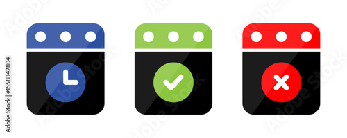 Task Status Calendar Icons – Pending, Approved, Rejected. Calendor Clock, Check, Cross Notifications Icons. Vector illustration concept