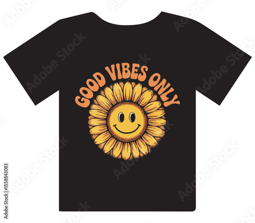 Smiling Sunflower 'Good Vibes Only' T-Shirt Design" or "Retro Smiley Flower Graphic Tee