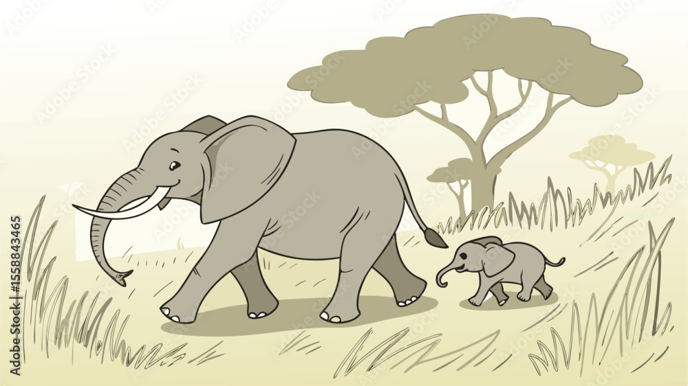 Fototapeta premium Elephant Herd – Mother and Baby Walking Together