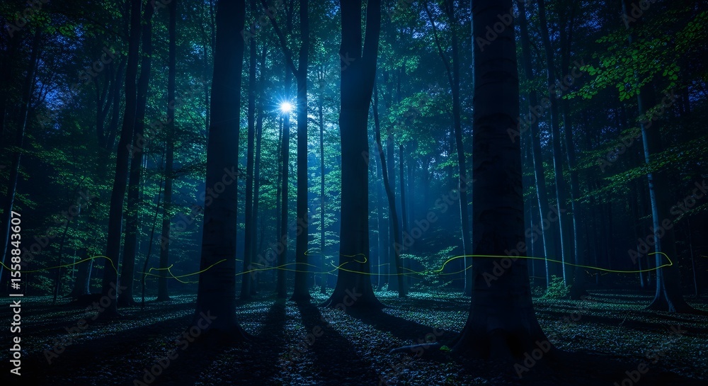 Fototapeta premium Mystical Forest with Towering Trees and Glowing Light in Dark Green Hues