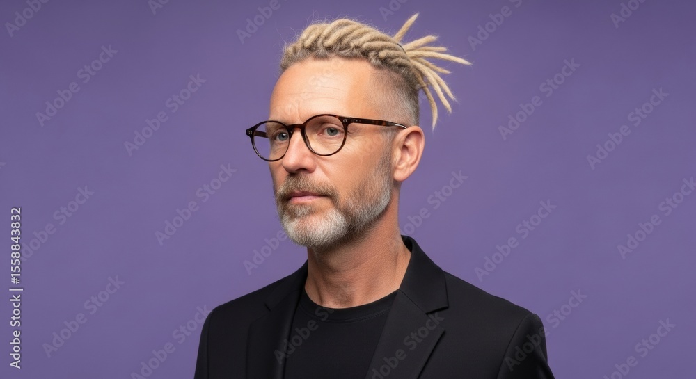 Fototapeta premium Portrait of a distinctive mature man with short, blonde dreadlocks styled to the side, a salt-and-pepper beard, and glasses, wearing a black blazer against a purple background.