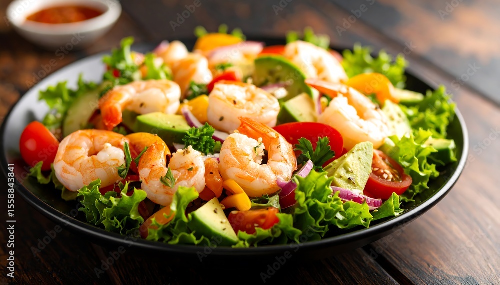Colorful shrimp salad on a dark plate Colorful shrimp salad on a dark plate