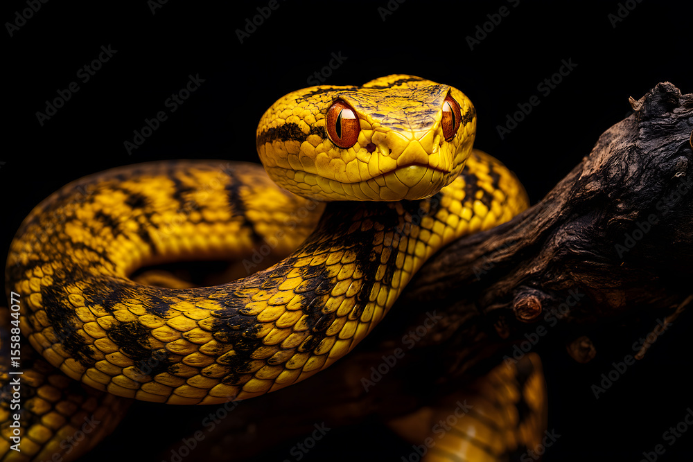 Obraz premium Close-Up of Vibrant Yellow Viper Coiled on Branch for Exotic Reptile and Wildlife Photography