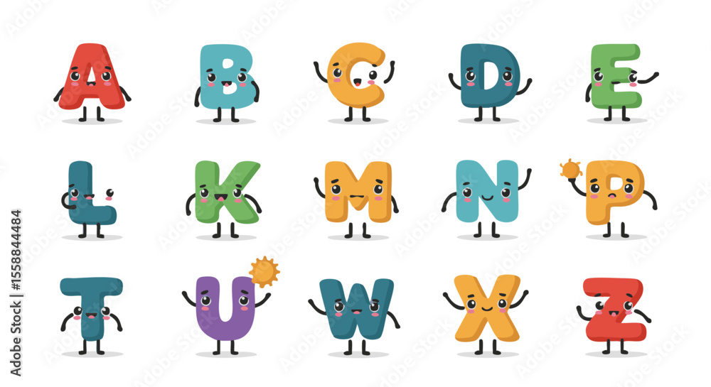 Obraz premium English Alphabet Letters with Cute Faces and Arms, Flat Vector Icons