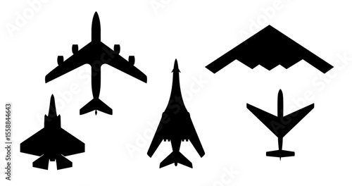 Military Aircraft and Stealth weapon icons set isolated on white background Silhouettes