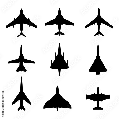 Military Aircrafts silhouettes isolated on white background vector illustration