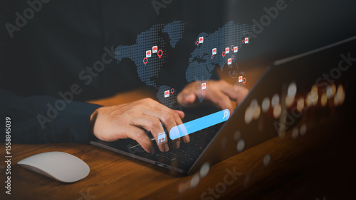Εκτύπωση καμβά Customer using a laptop with a world map, showing store icon and search bar representing global e-commerce, online store locator, franchise and worldwide business expansion through digital technology